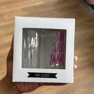 Fun Shot Glass Set with Pink and White Text